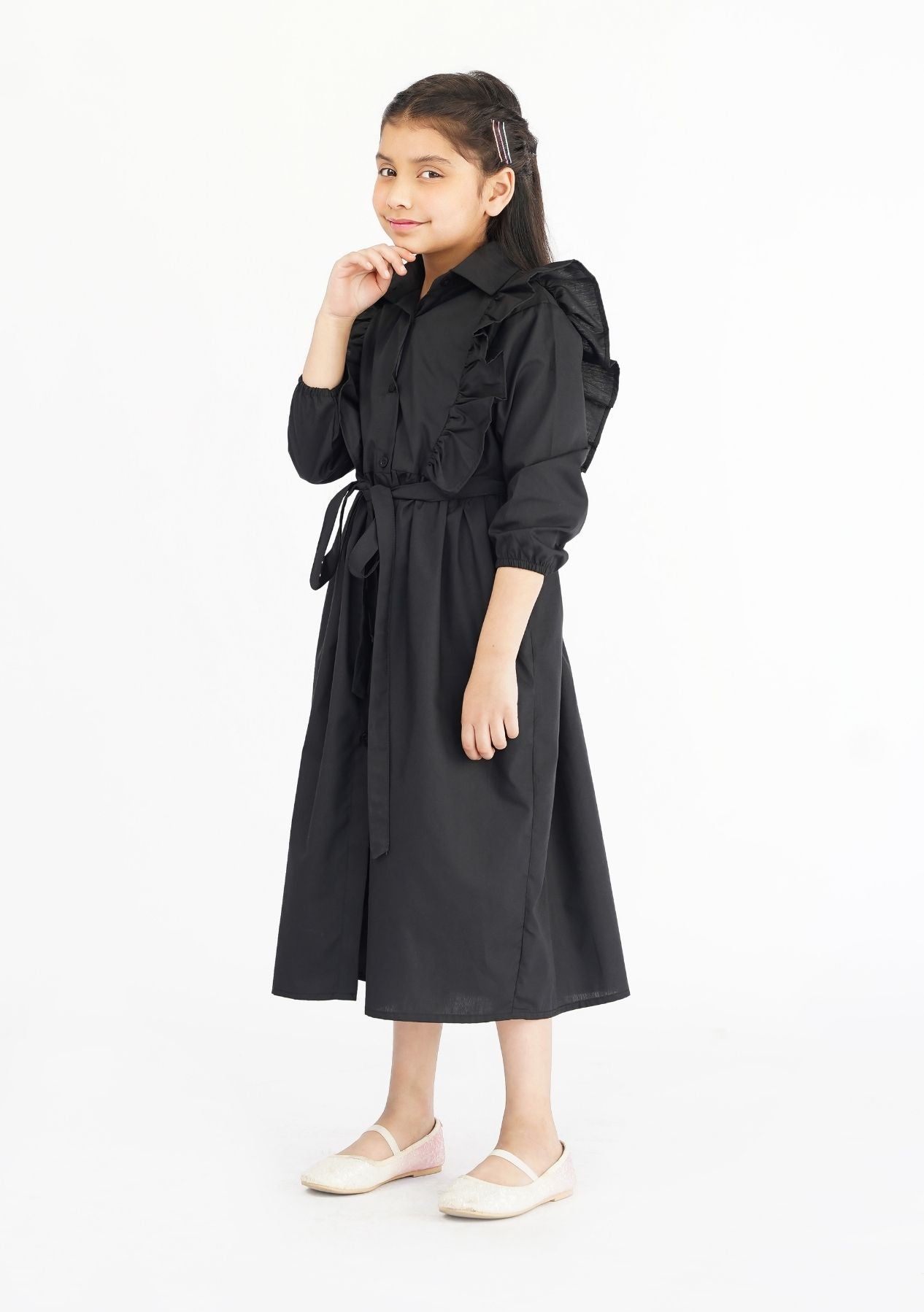 Girls Ruffle Trim Belted Dress - Black