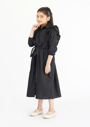 Girls Ruffle Trim Belted Dress - Black