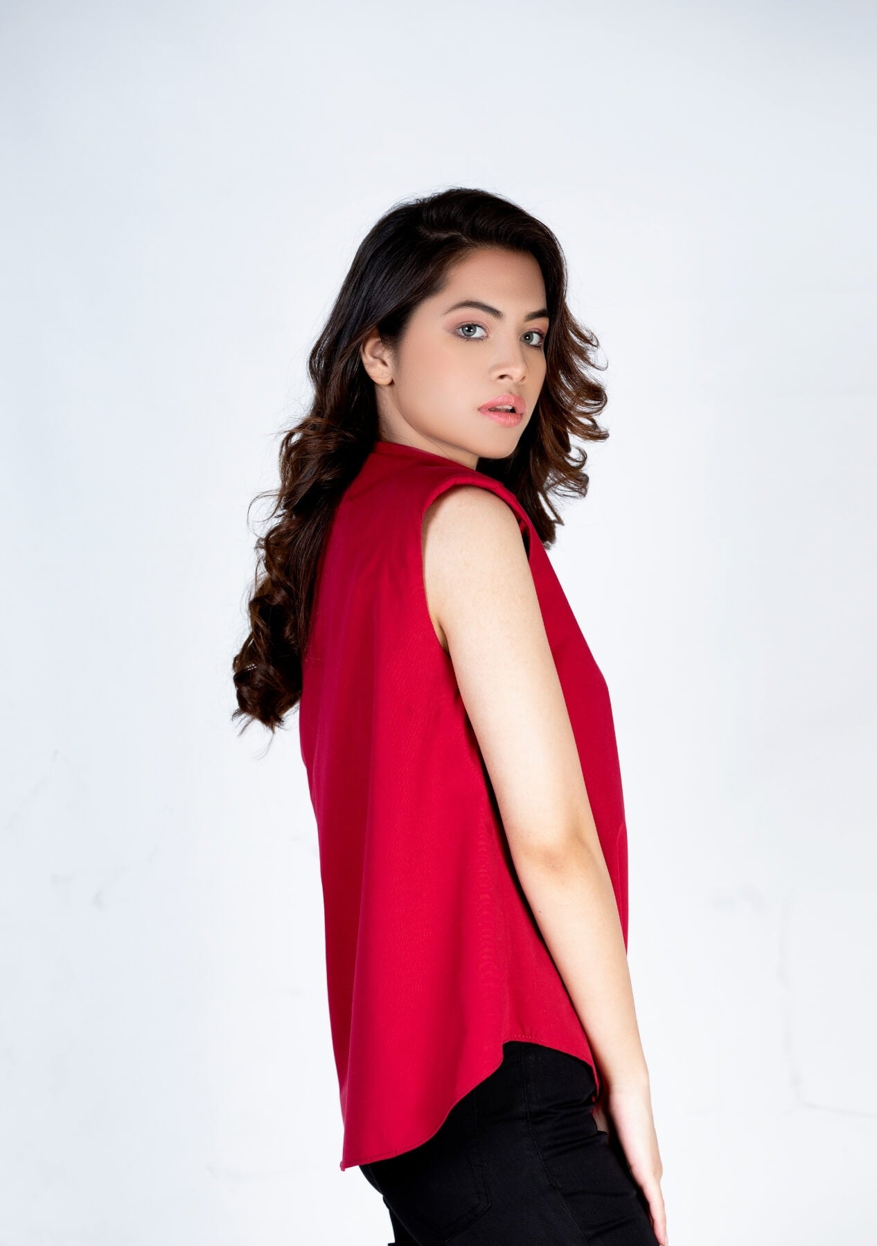 Padded shoulder button down shirt - maroon