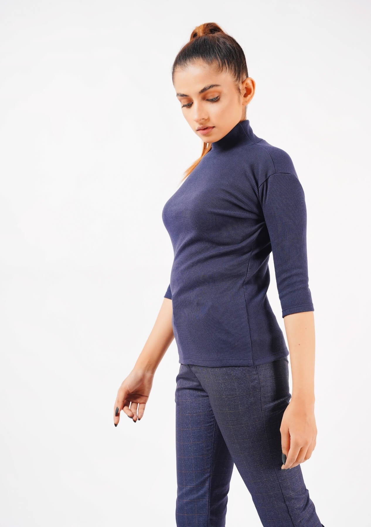 High Neck Knit Top - short sleeve - navy blue