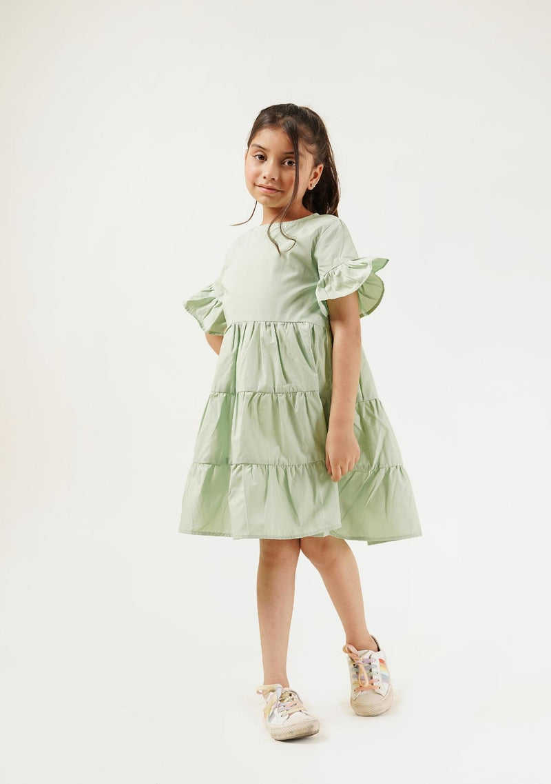 Girls Round Neck Dress (flounce sleeve) - Light Green