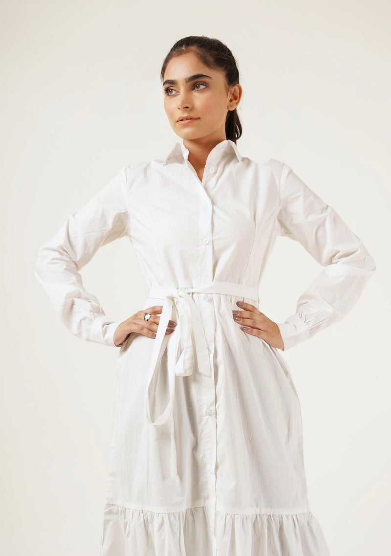 Front Button Long Sleeve Maxi Dress - white