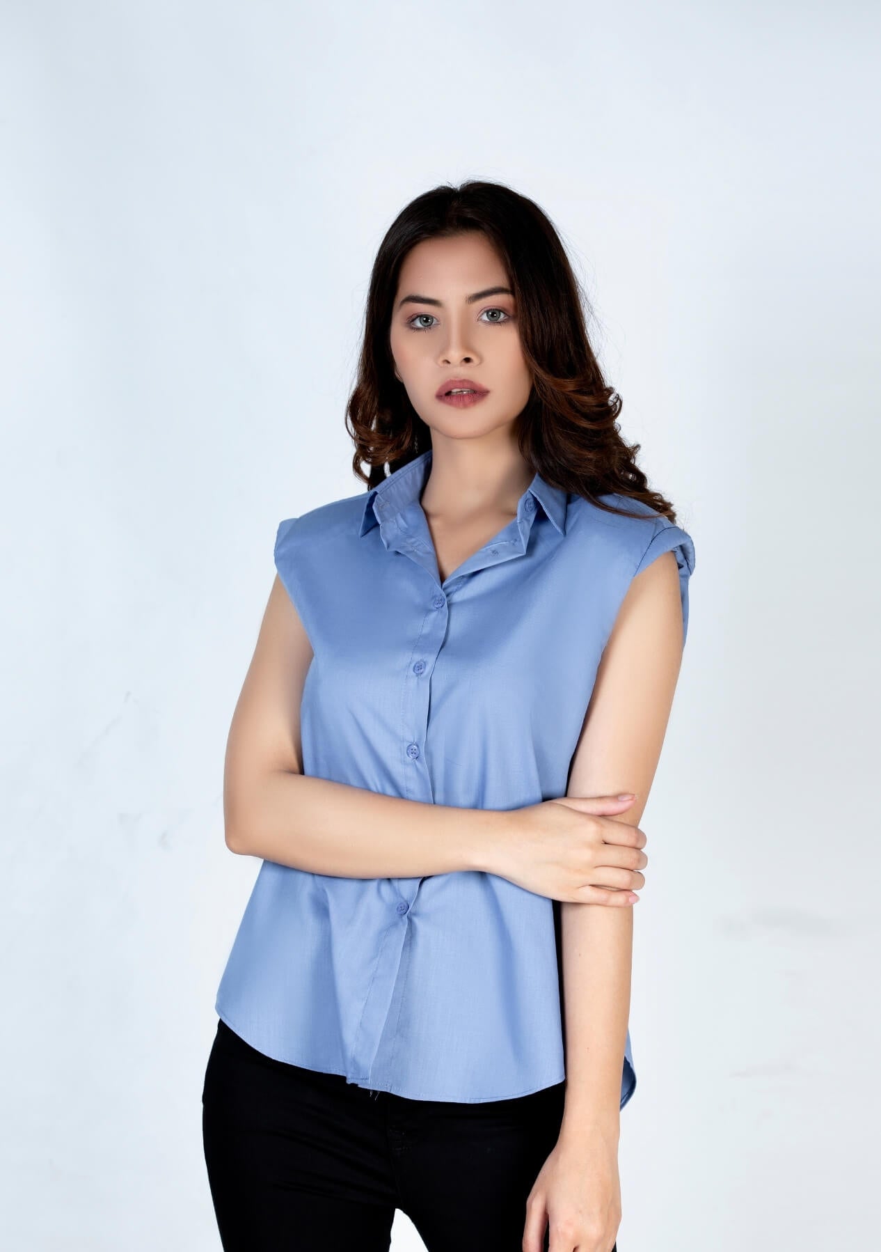 Padded shoulder button down shirt - sky blue