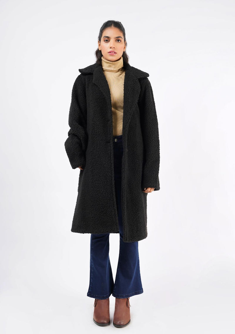Teddy Faux Fur Oversized Coat - Black