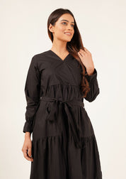 V Neck Tie Waist Dress - black