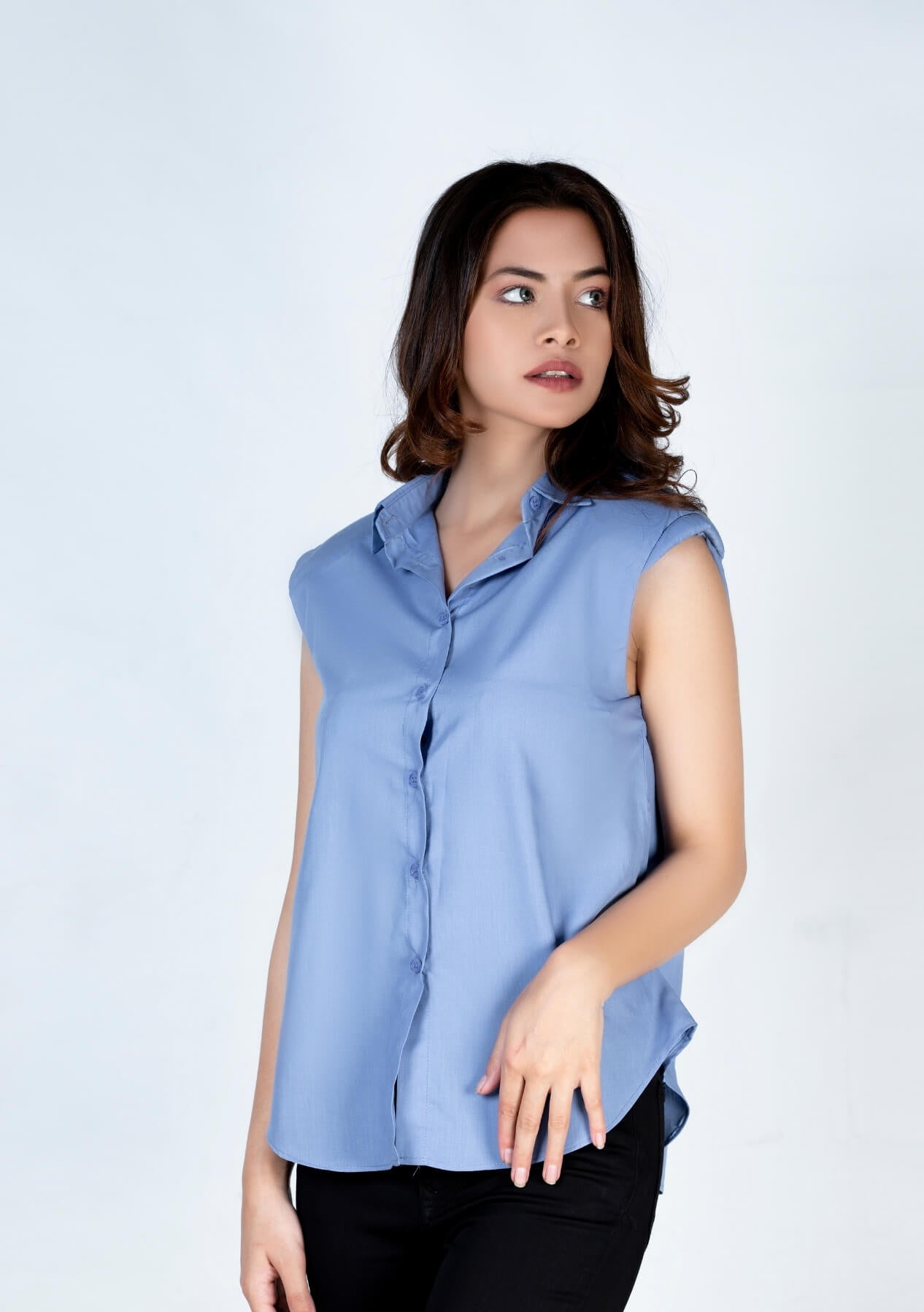 Padded shoulder button down shirt - sky blue