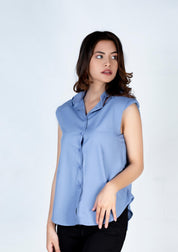 Padded shoulder button down shirt - sky blue