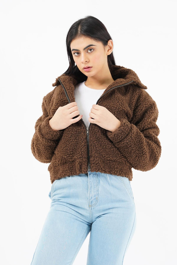 Teddy Faux Fur Bomber Jacket - chocolate brown