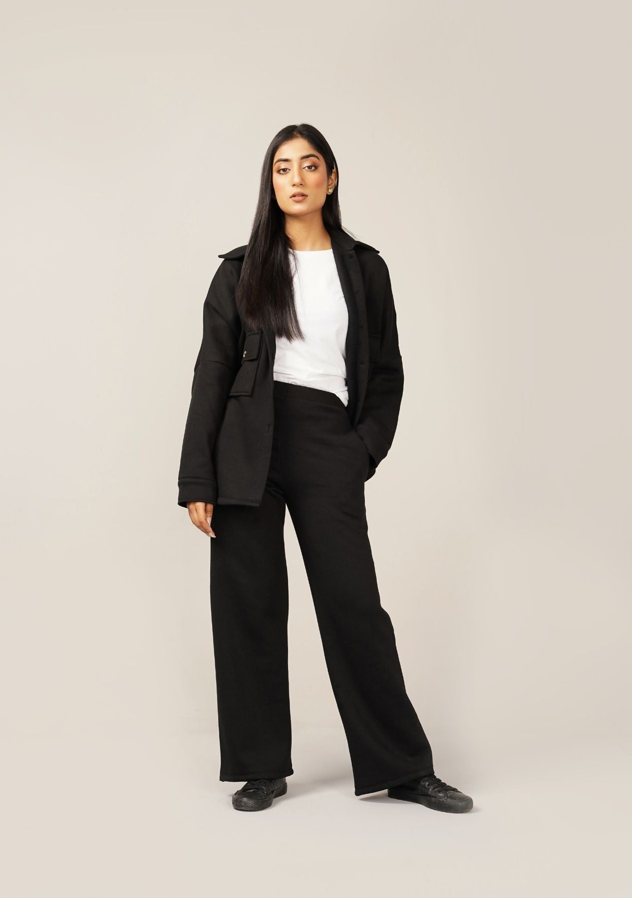 Fleece Wide Leg Pant with Pocket - Black