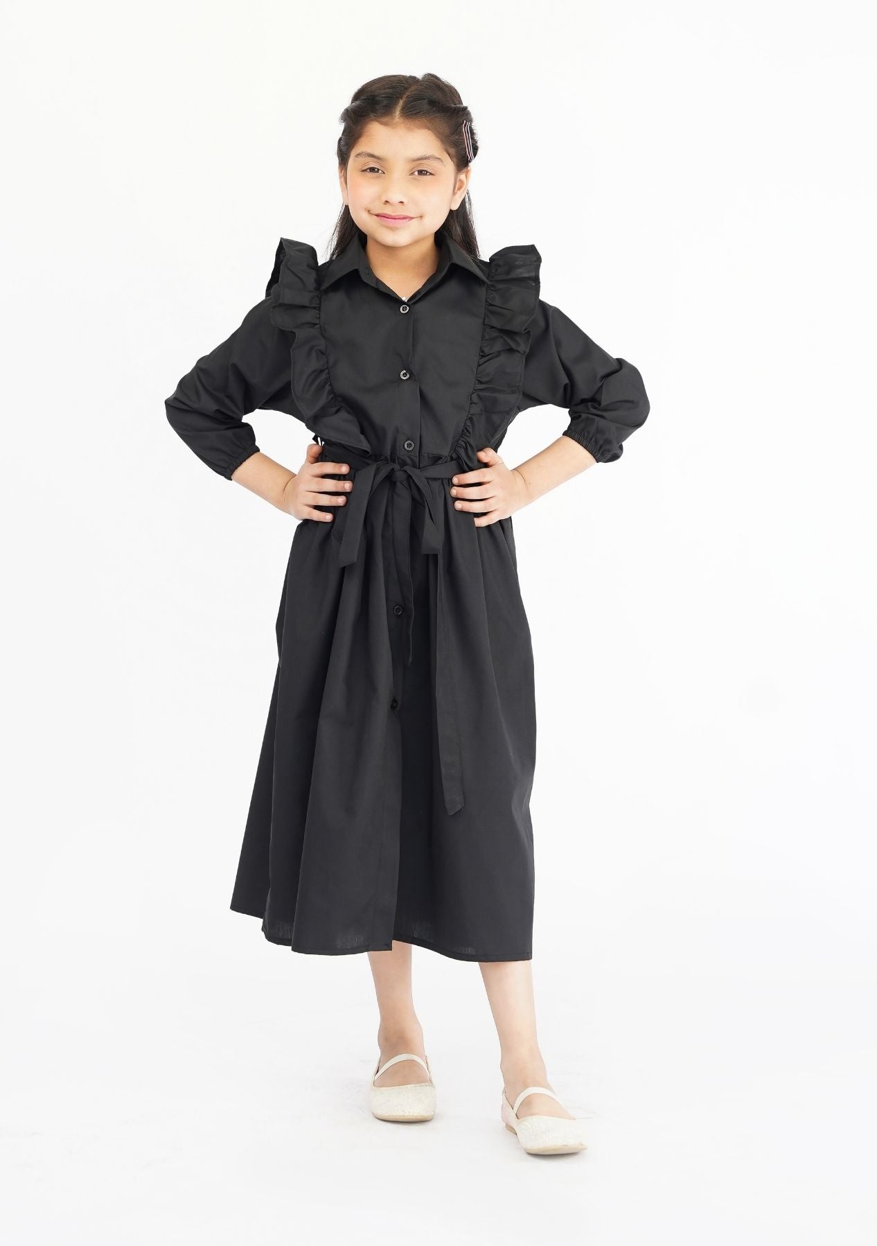 Girls Ruffle Trim Belted Dress - Black