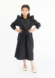 Girls Ruffle Trim Belted Dress - Black