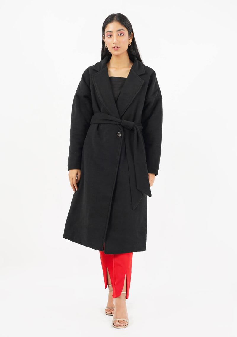 Oversized Belted Wool Coat - black