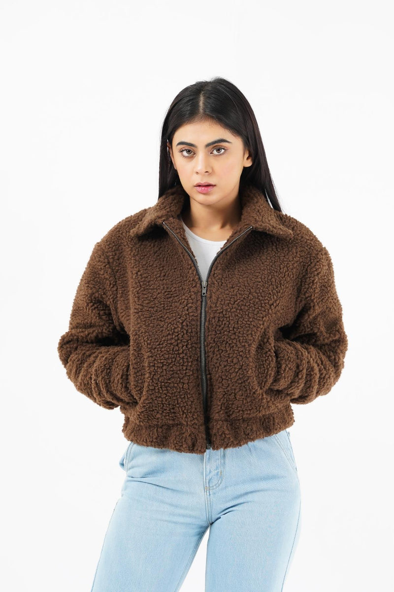 Teddy Faux Fur Bomber Jacket - chocolate brown
