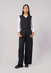 Wide Leg Pleated Pant - Black