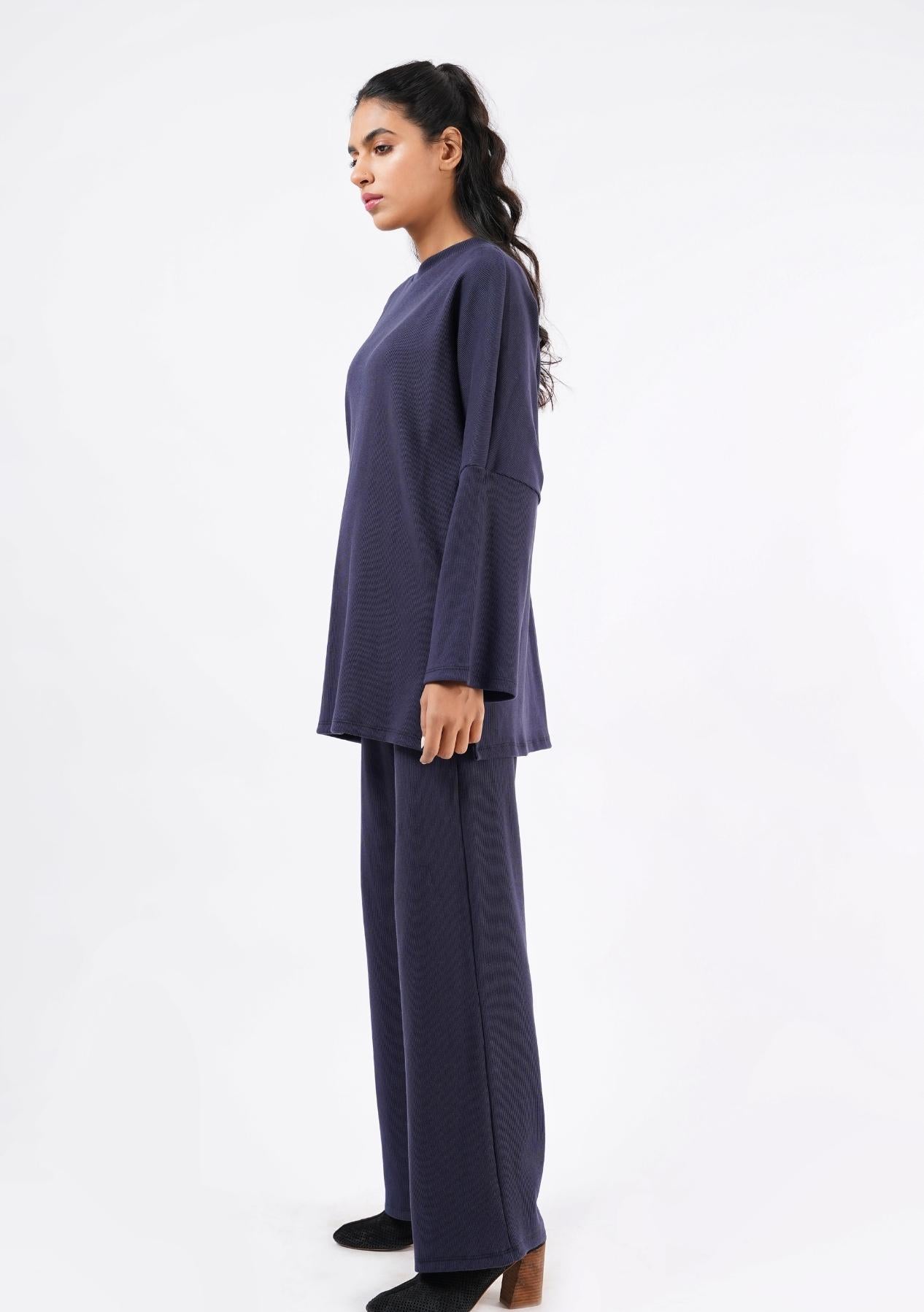 Rib Knit Wide Leg Pant with Pocket - navy blue