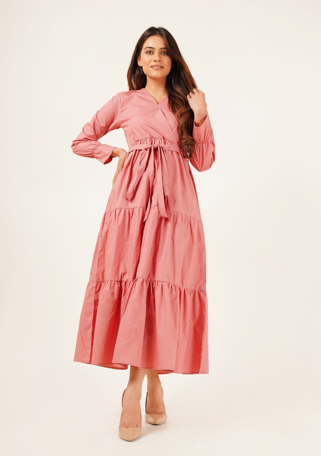 V-Neck Tie Waist Dress - tea pink