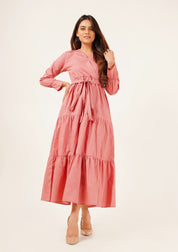 V-Neck Tie Waist Dress - tea pink