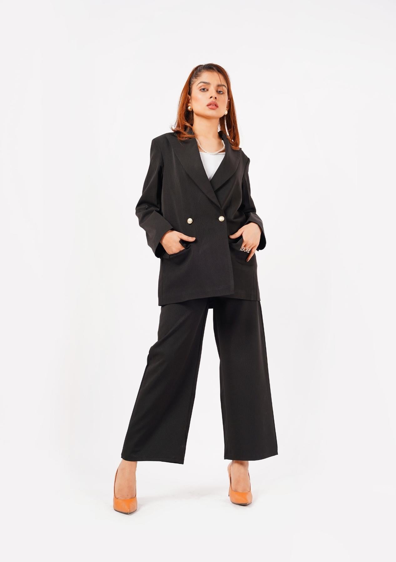 Double Breasted Loose Fit Blazer - Black