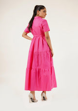 Short Sleeve Collared Dress - Fuchsia Pink