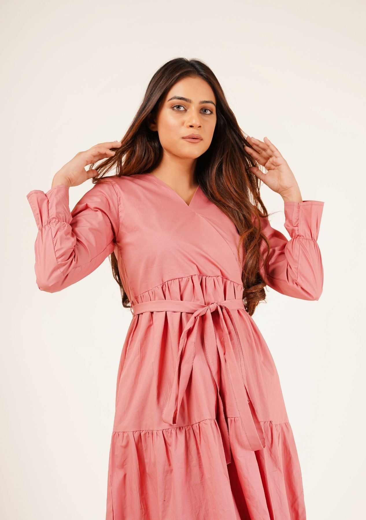 V-Neck Tie Waist Dress - tea pink