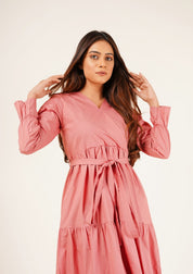 V-Neck Tie Waist Dress - tea pink