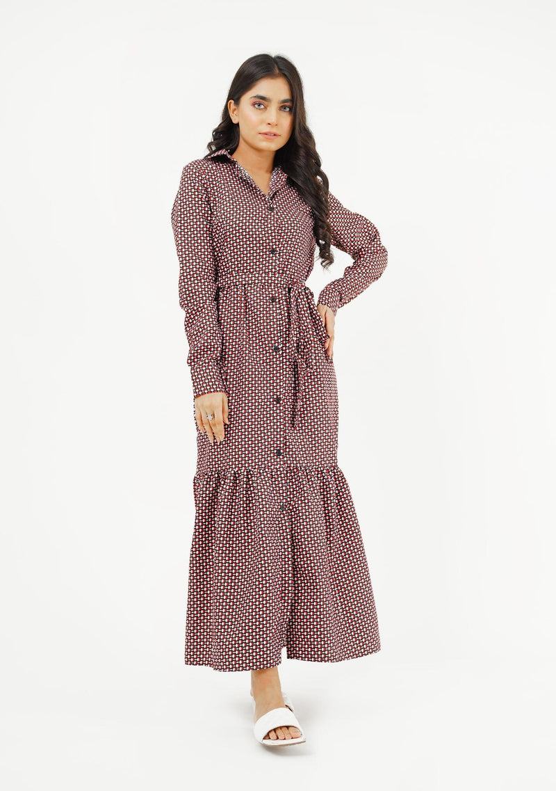 Front Button Long Sleeve Maxi Dress - black, red and white geometric print