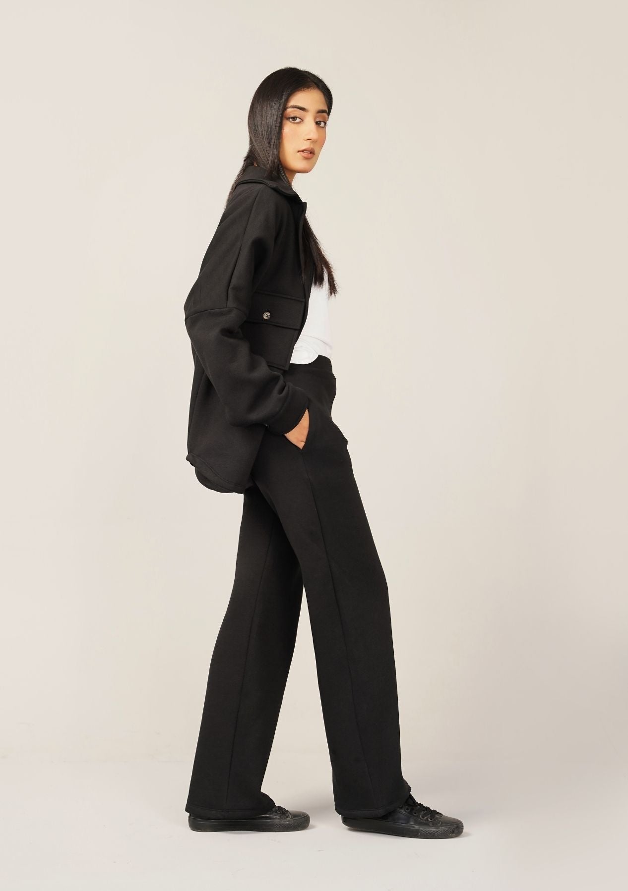 Fleece Wide Leg Pant with Pocket - Black