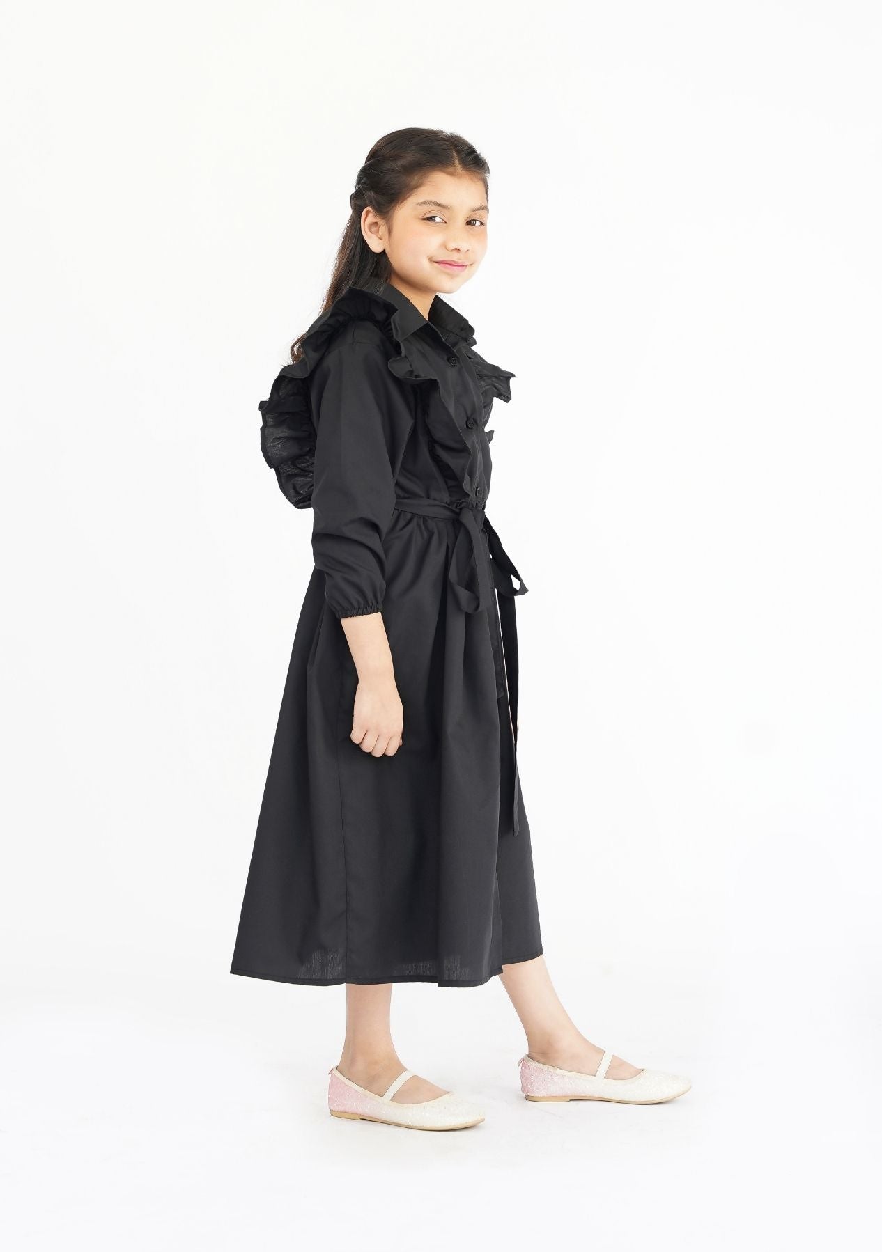 Girls Ruffle Trim Belted Dress - Black