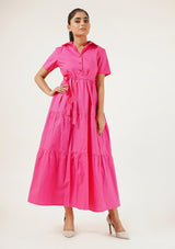 Short Sleeve Collared Dress - Fuchsia Pink