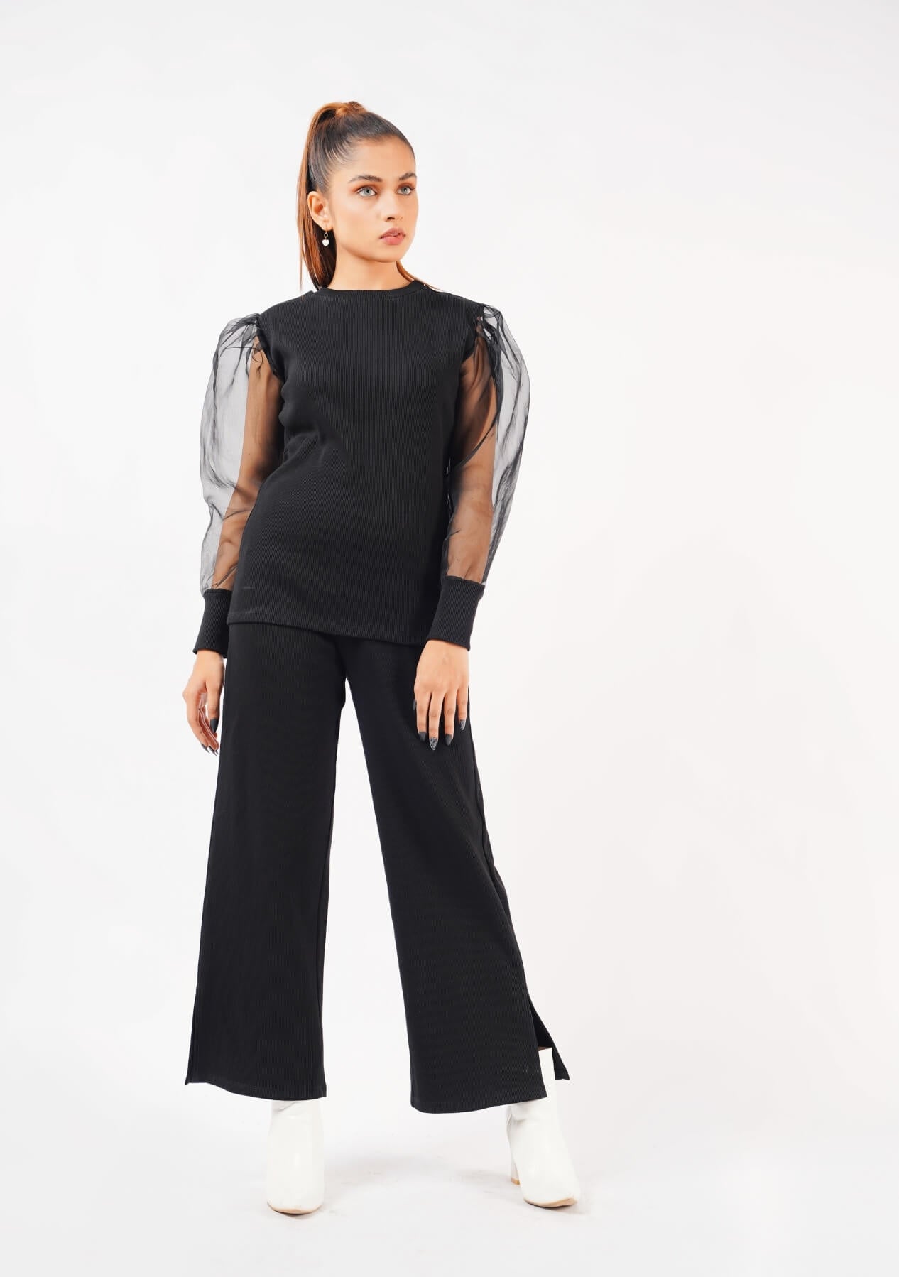 Side Slit Knit Pants - Black