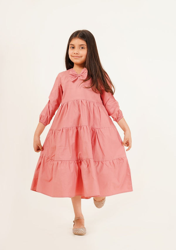 Girls Round Neck Dress with Bow - Tea Pink