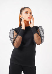 Puff Sleeve Knit Top - black
