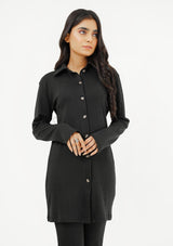 Front Button Collared Knit Top - black
