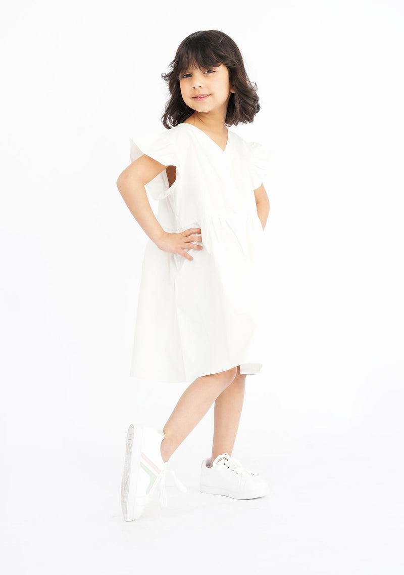 Girls Button Front V Neck Dress - White