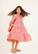Girls Round Neck Dress with Bow - Tea Pink