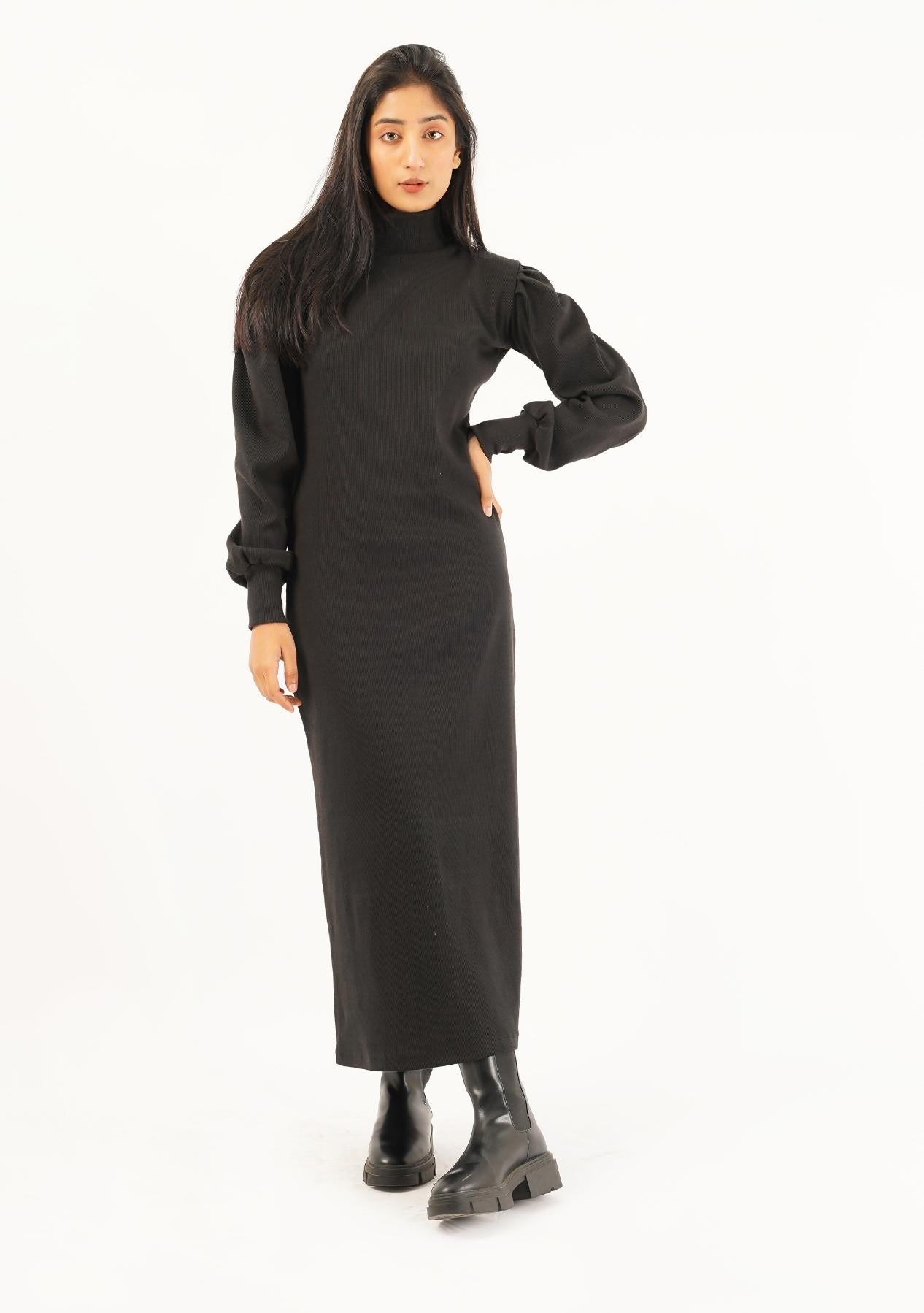 Balloon Sleeve Knit Dress - Black