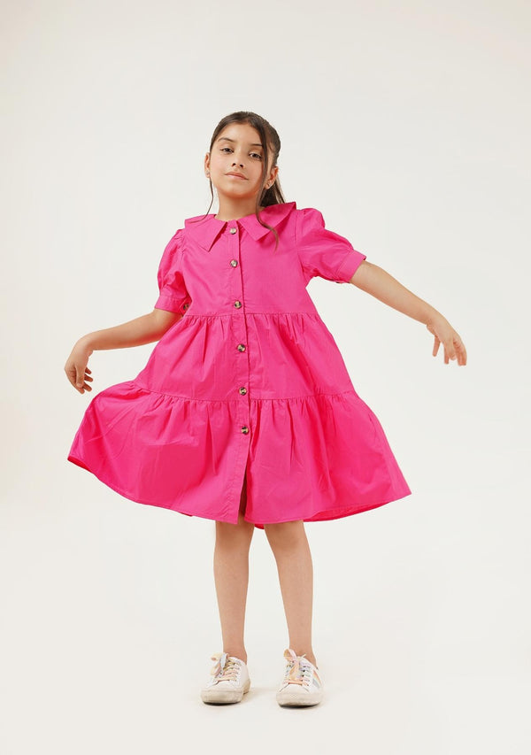 Girls Peter Pan Collar Dress - Fuchsia Pink
