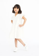 Girls Button Front V Neck Dress - White