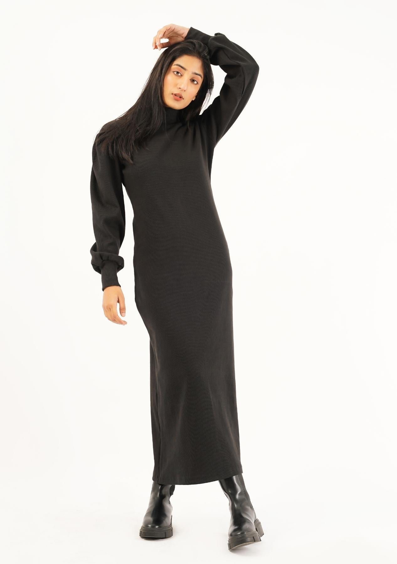 Balloon Sleeve Knit Dress - Black