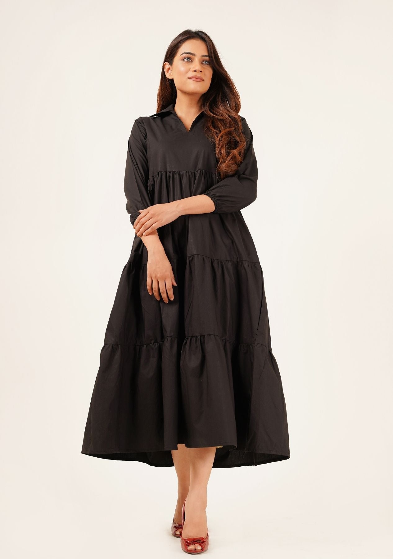 V Neck Collared Dress - Black