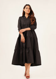 V Neck Collared Dress - Black