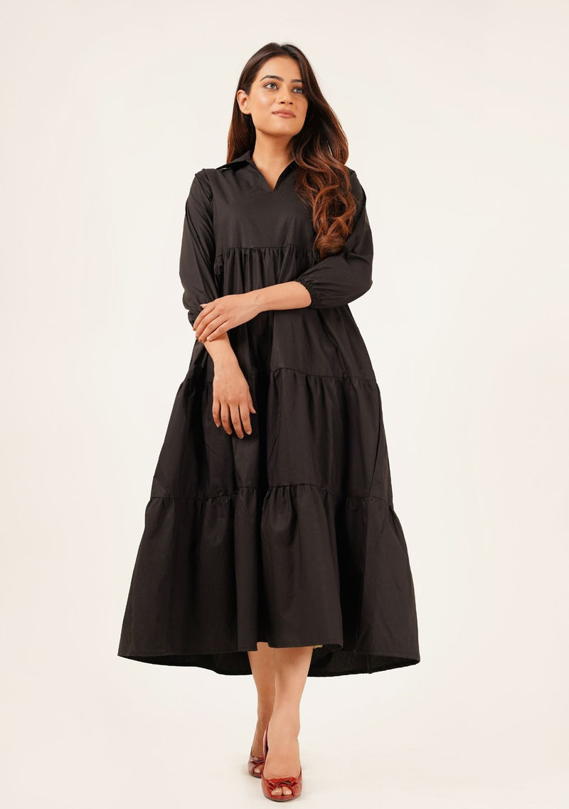 V Neck Collared Dress - black