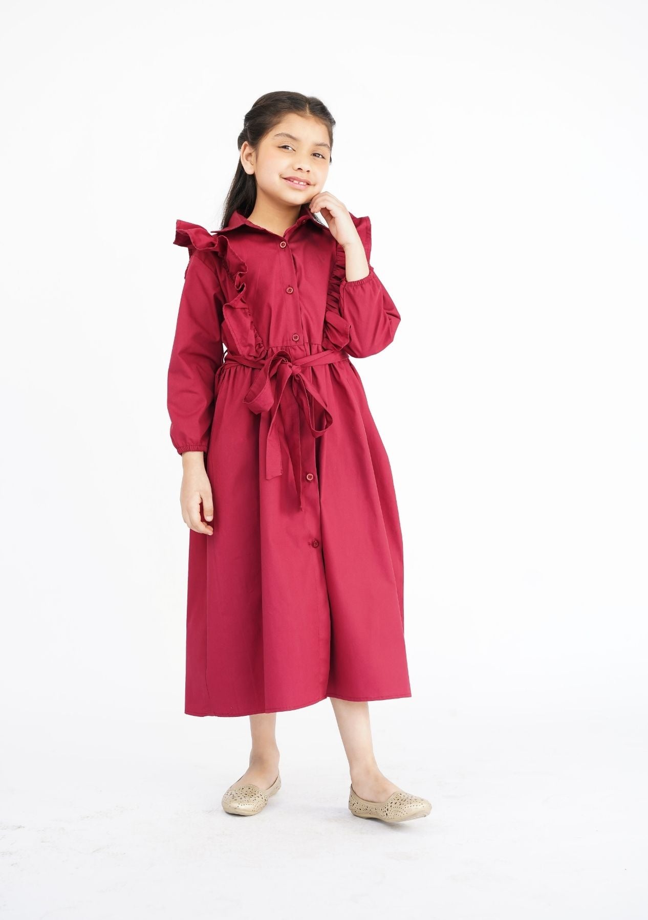 Girls Ruffle Trim Belted Dress - Maroon