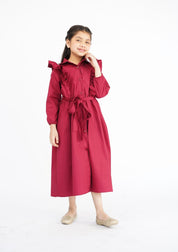 Girls Ruffle Trim Belted Dress - Maroon