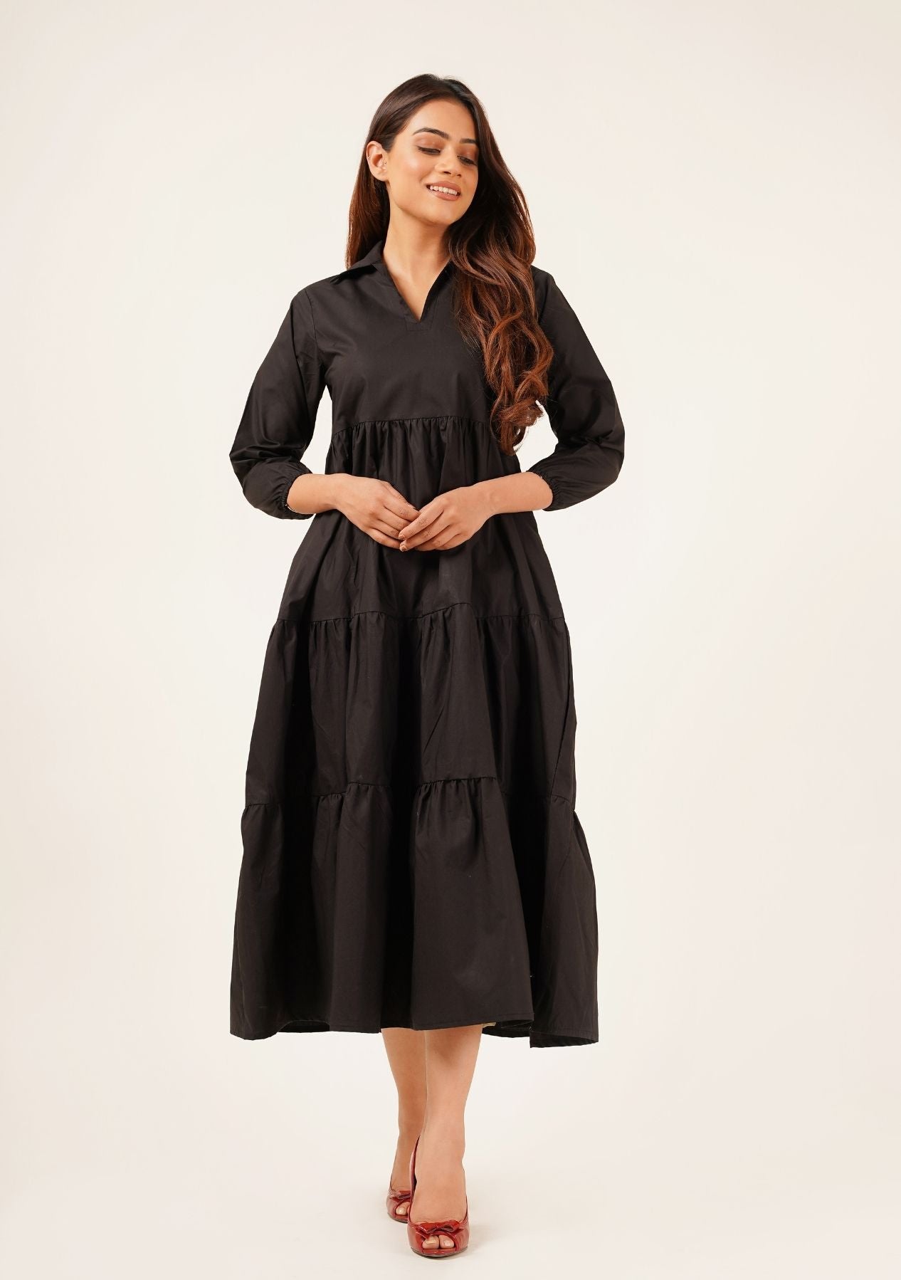 V Neck Collared Dress - Black