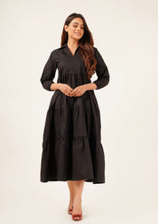 V Neck Collared Dress - Black