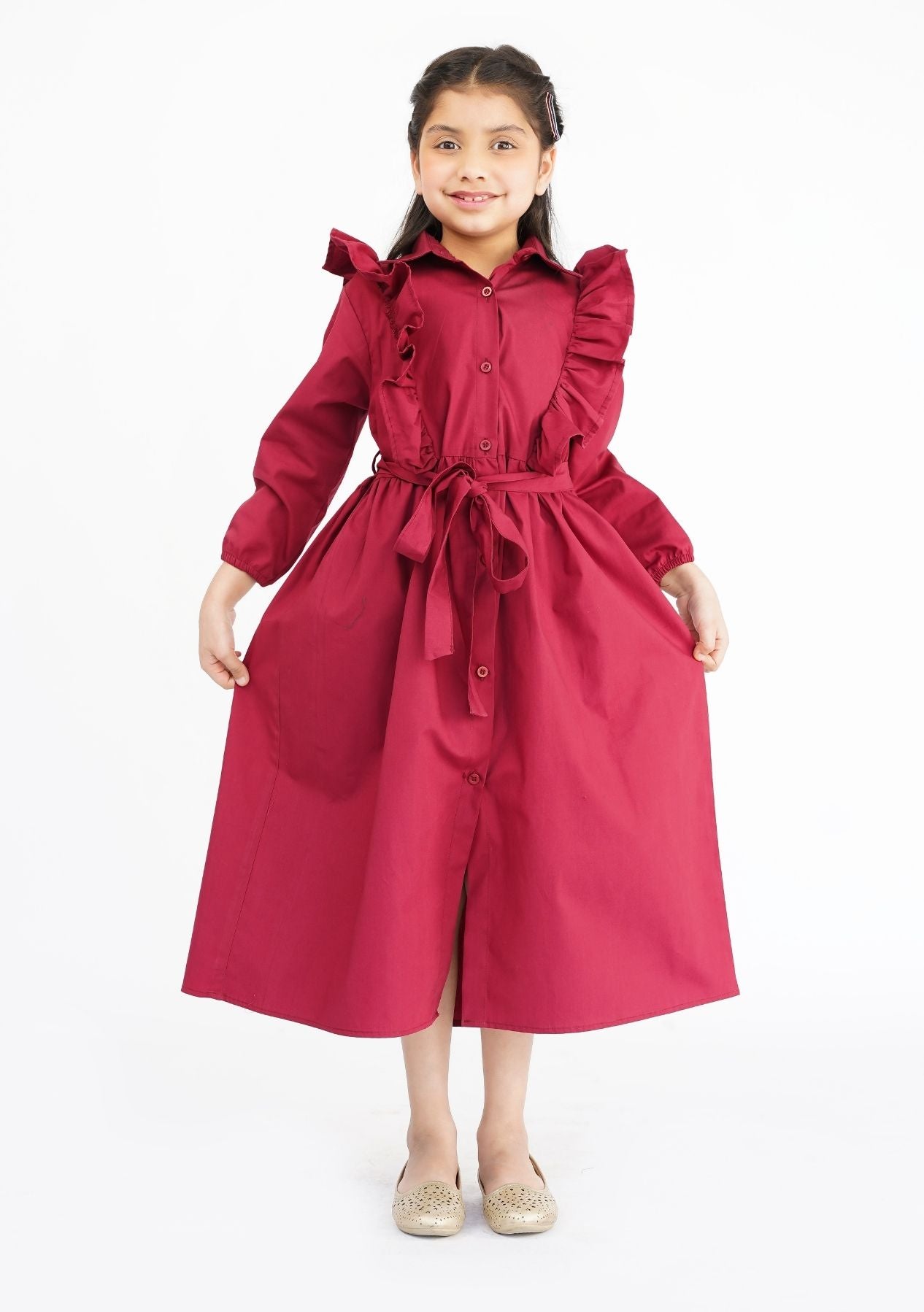 Girls Ruffle Trim Belted Dress - Maroon