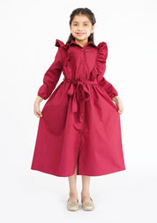 Girls Ruffle Trim Belted Dress - Maroon