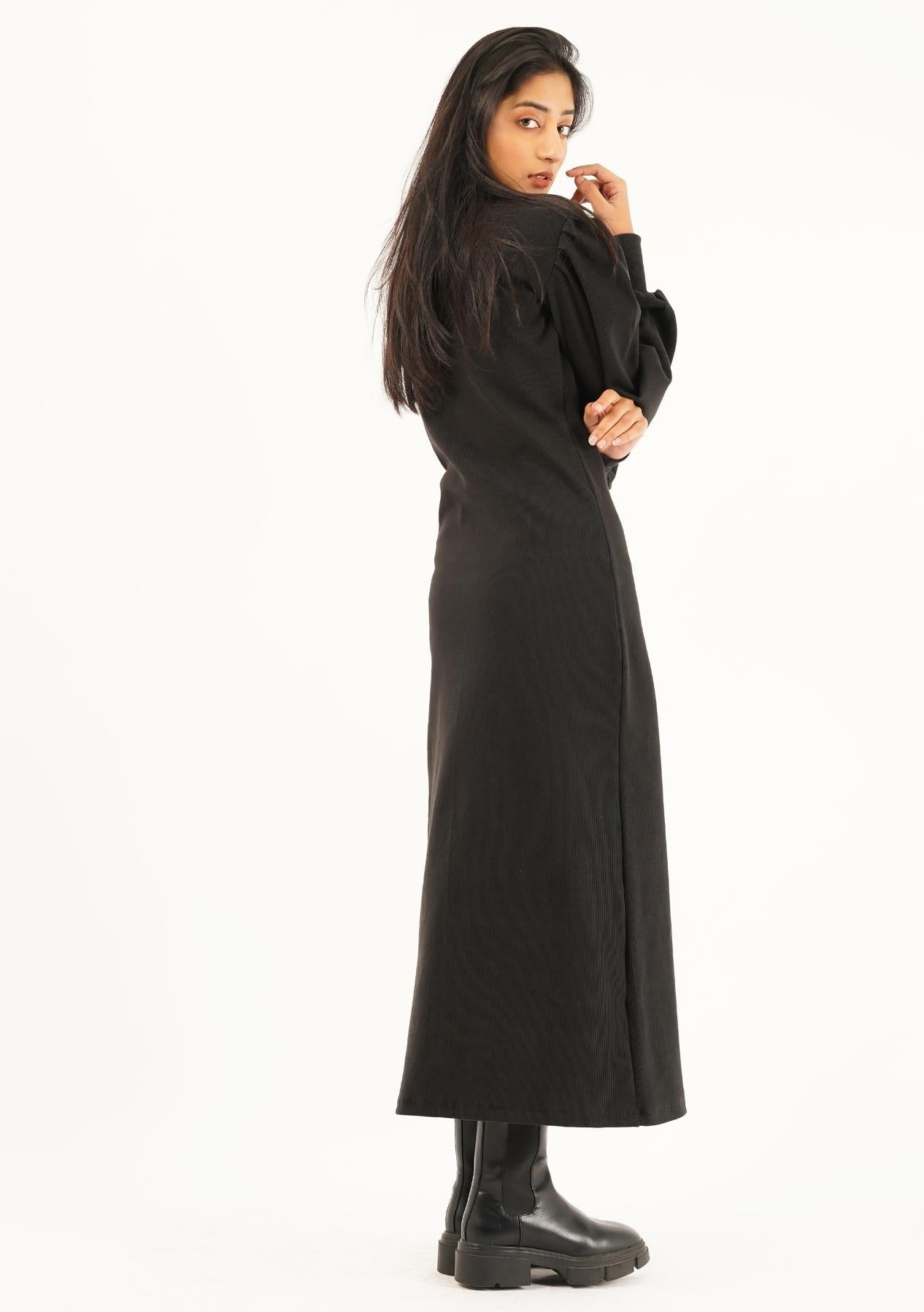 Balloon Sleeve Knit Dress - Black