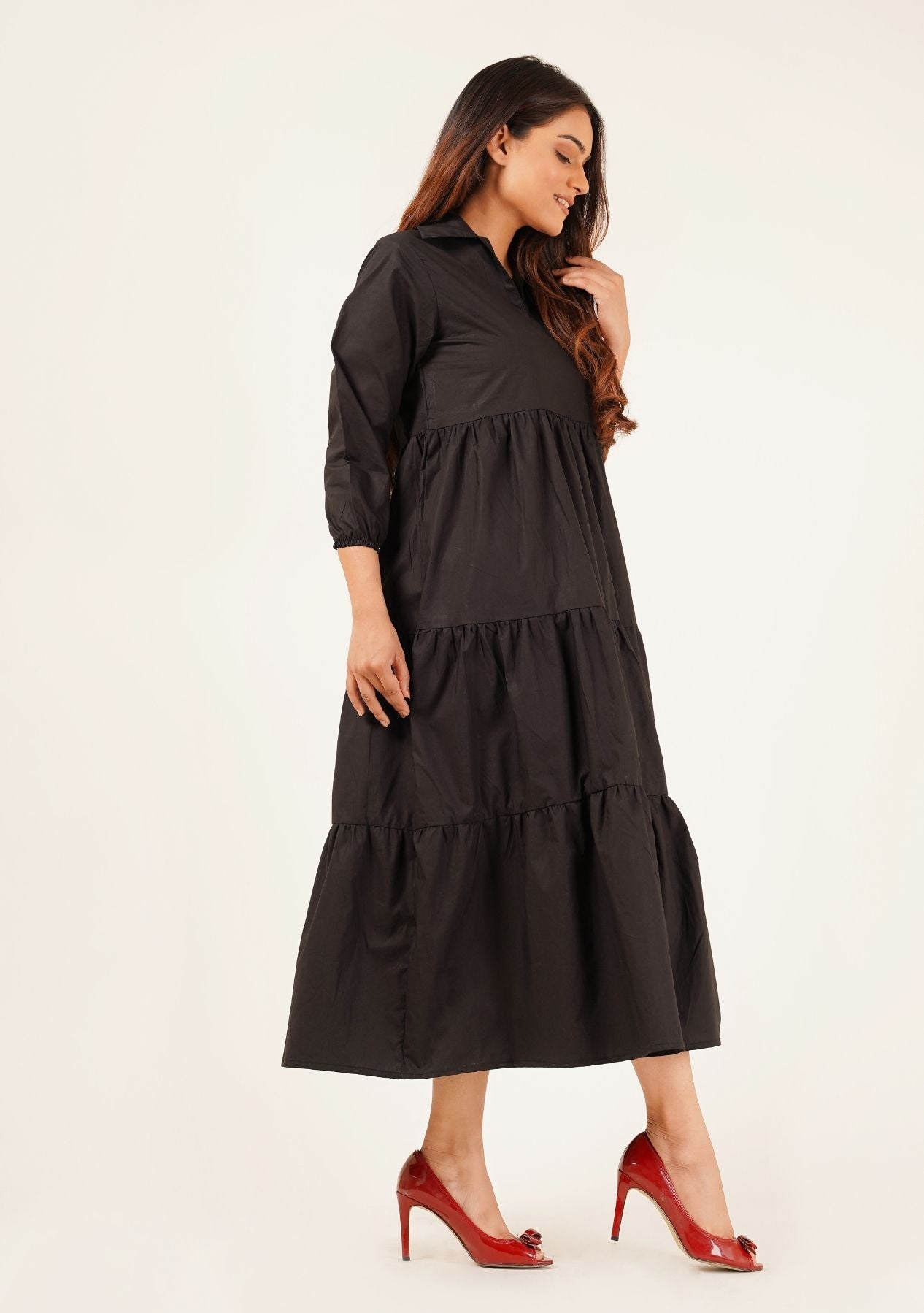 V Neck Collared Dress - Black